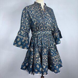 Pep's Cannes Versailles Mini Dress Jacquard Blue Teal Gold Belt Pleated Ruffled